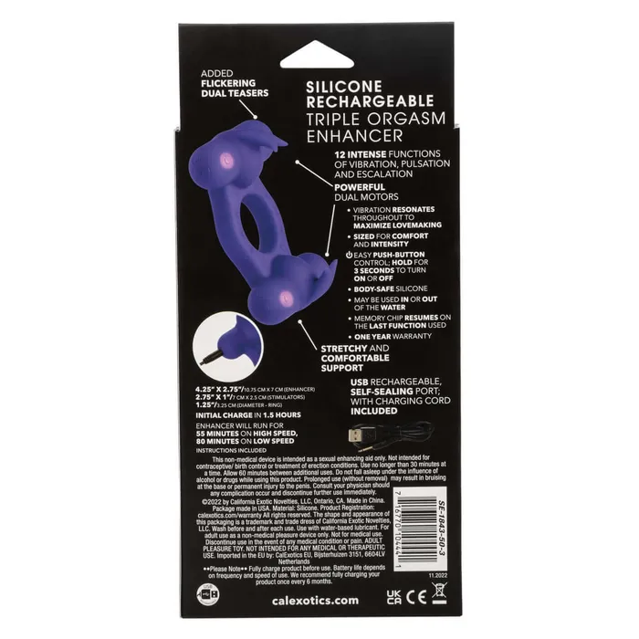 California Exotic Novelties Male Sex Toys Silicone Rechargeable Triple Orgasm Enhancer Couples Cock Ring Purple
