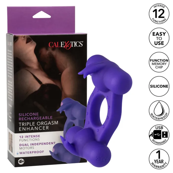 California Exotic Novelties Male Sex Toys Silicone Rechargeable Triple Orgasm Enhancer Couples Cock Ring Purple